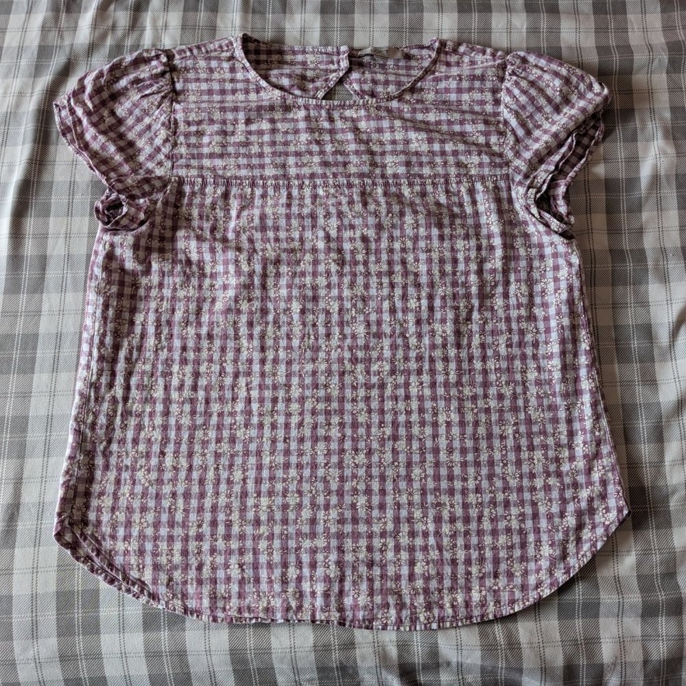 LOFT Floral Gingham Tulip Sleeve Blouse (Purple and White Size Small)